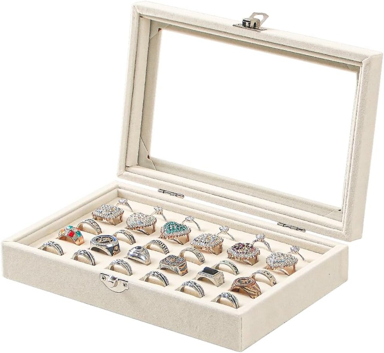 Ring Holder Organizer Box,Jewelry Ring Display Case, Earring Necklace Storage Tray With Top Glass Lid